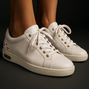 Jimmy Choo White Leather Low-Top Sneakers with Gold Star Accents – Size 37